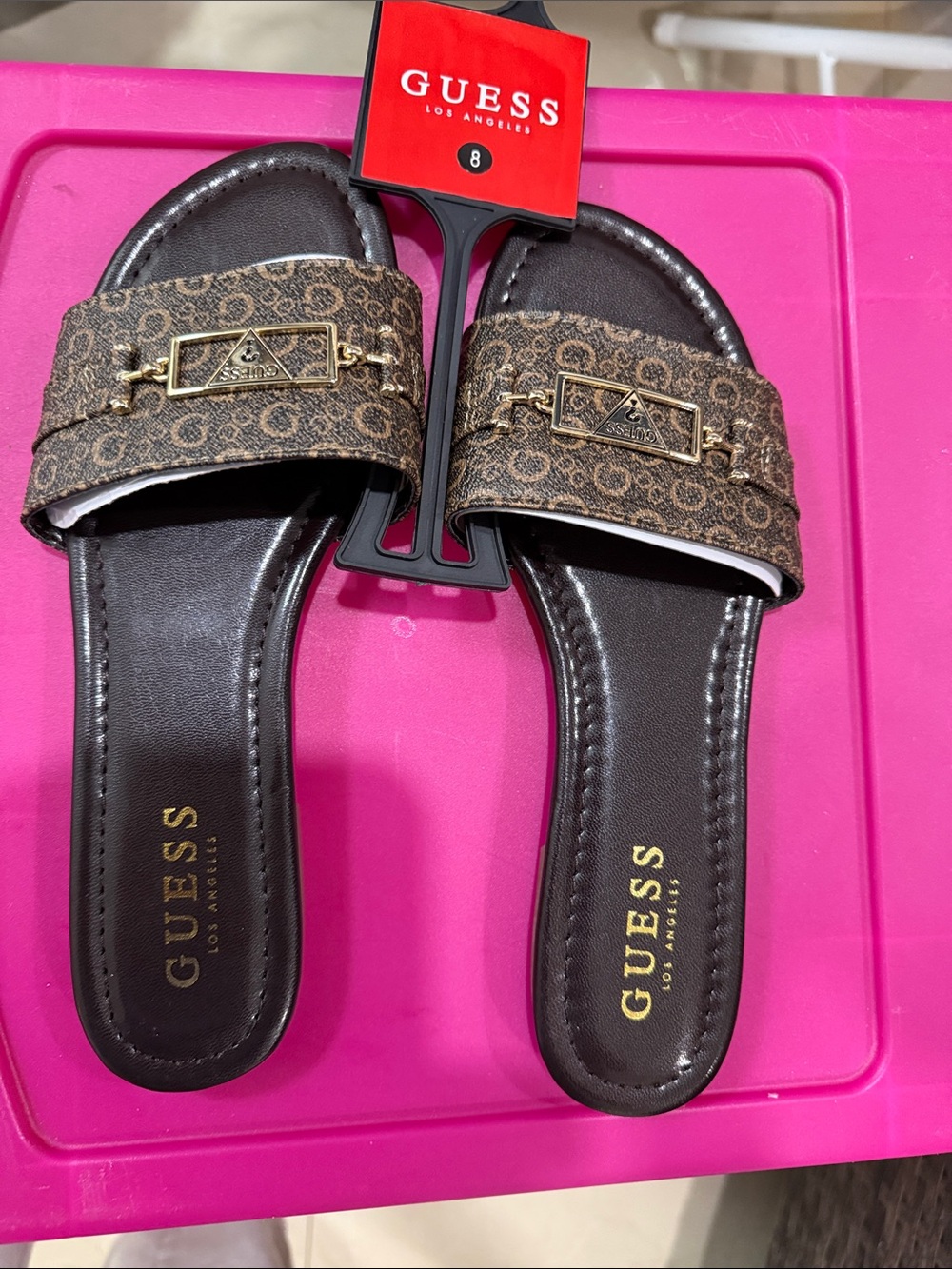 NWT GUESS Brown Monogram Logo Slide Sandals with Gflure